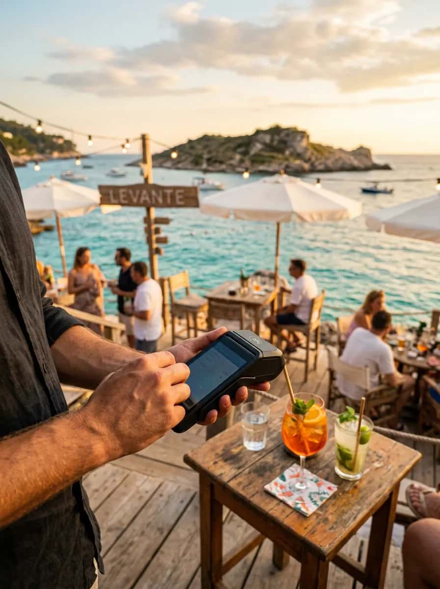 Konobar na terasi beach bara naplaćuje na mobilnom terminalu