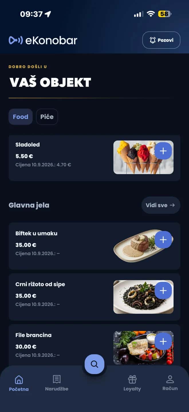 eKonobar aplikacija za goste: sladoled i jela u meniju s cijenama