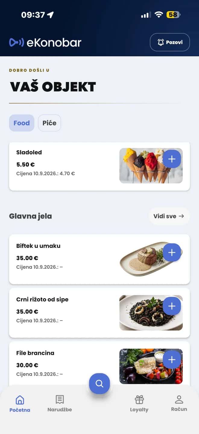 eKonobar aplikacija za goste: meni s fotografijama jela, cijenama i gumbom za poziv konobara