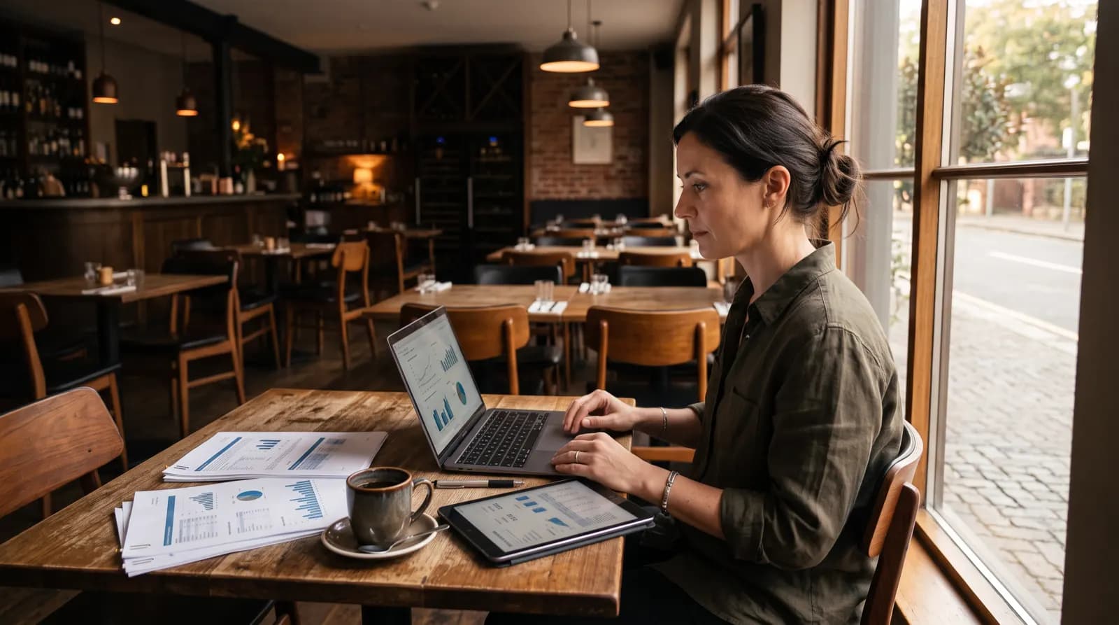 Vlasnica restorana za stolom pregledava izvještaje o prometu na laptopu i tabletu